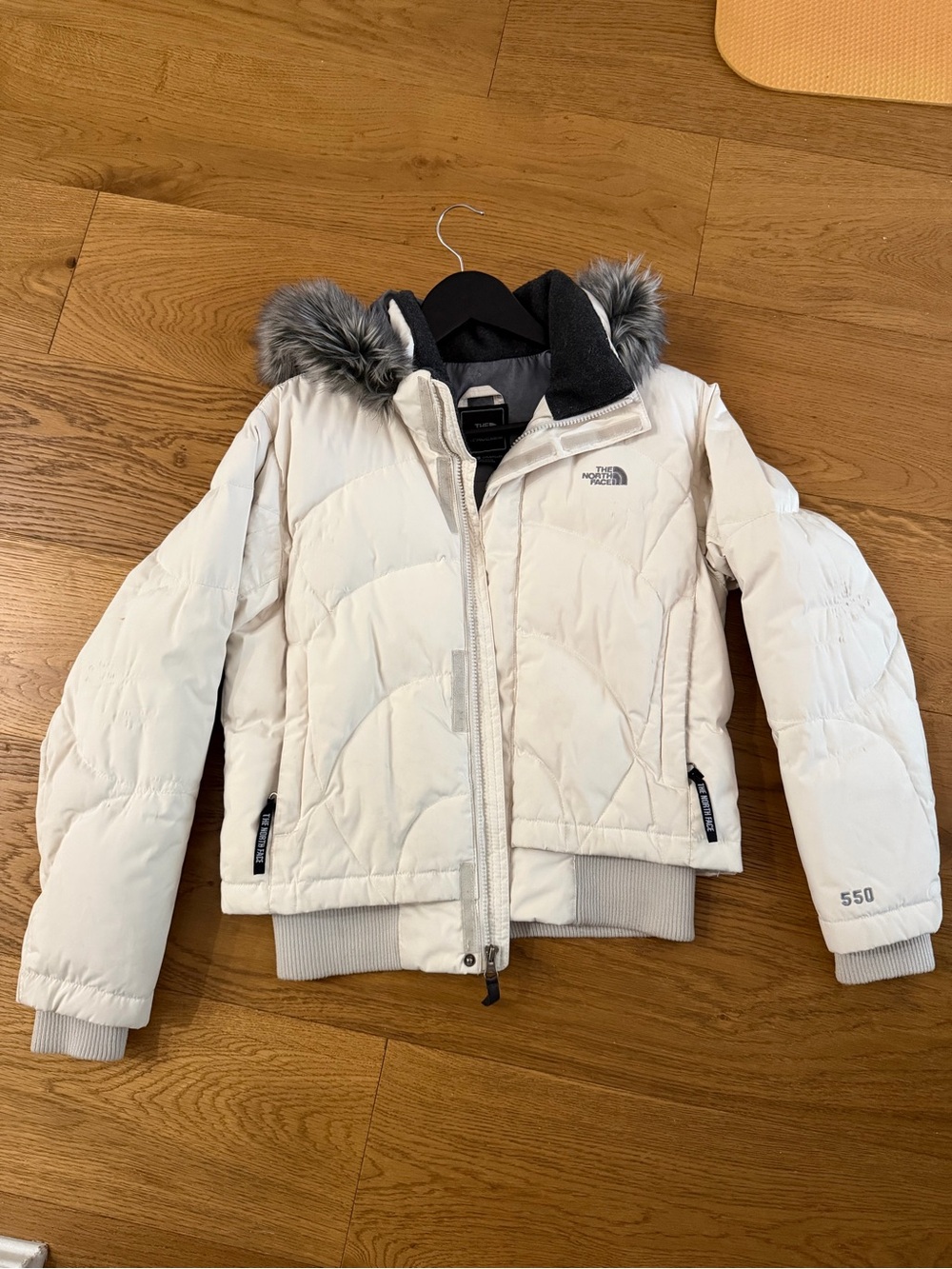 The North Face Kids White Hooded Puffer Jacket with Faux Fur Trim
